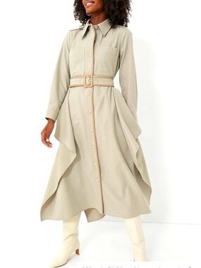 Tuckernuck Anita Beige Button-Front Belted Maxi Dress Faux Leather Trim